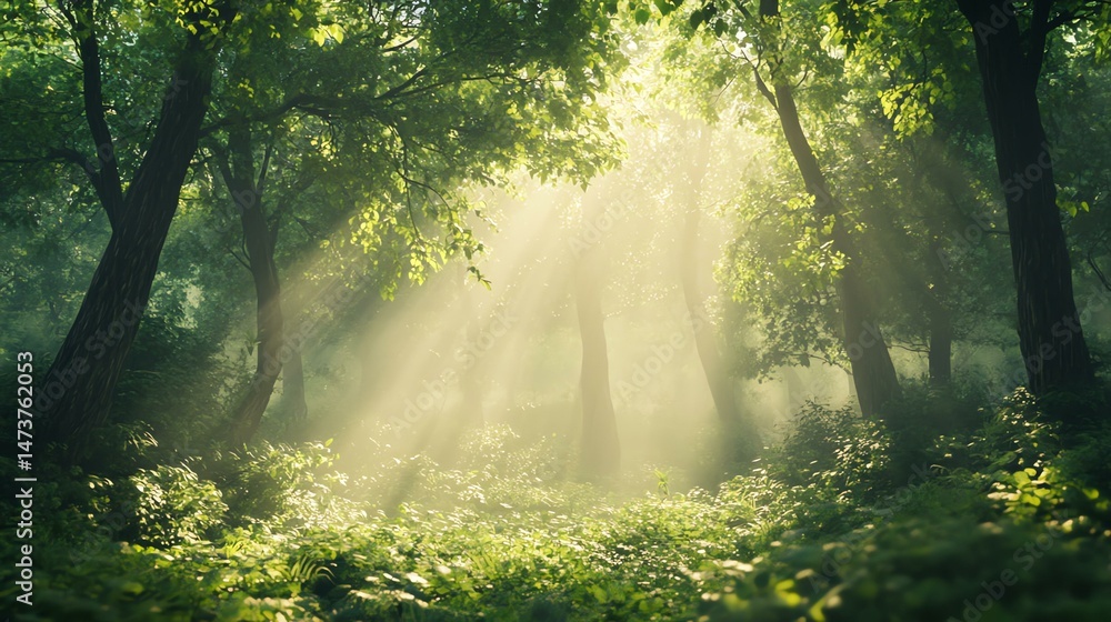 Poster sunbeams filter through the trees of a tranquil forest.