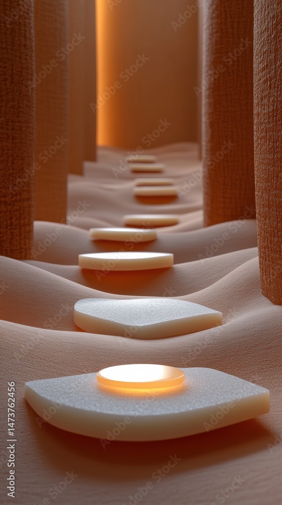 Aufkleber Tranquil Abstract Pathway with Soft Lighting Warm Hues Minimalist Terrain and Geometric Forms Subtle Textures Aesthetic Design Element