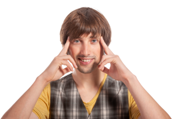 Smiling young man demonstrating mindfulness techniques in a bright setting