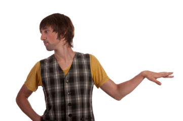 Creative expression with a confident pose and stylish attire in a modern setting