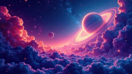 Celestial Dreamscape A Serene Vision of Ringed Planet Above a Sea of Glowing Clouds