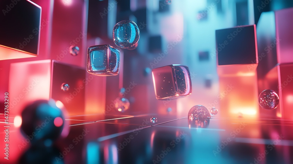 Poster floating cubes fill the space, creating a visually striking arrangement in mid-air.