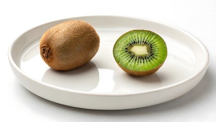 Fresh Kiwifruit &ndash; Whole and Sliced on a Clean White Plate