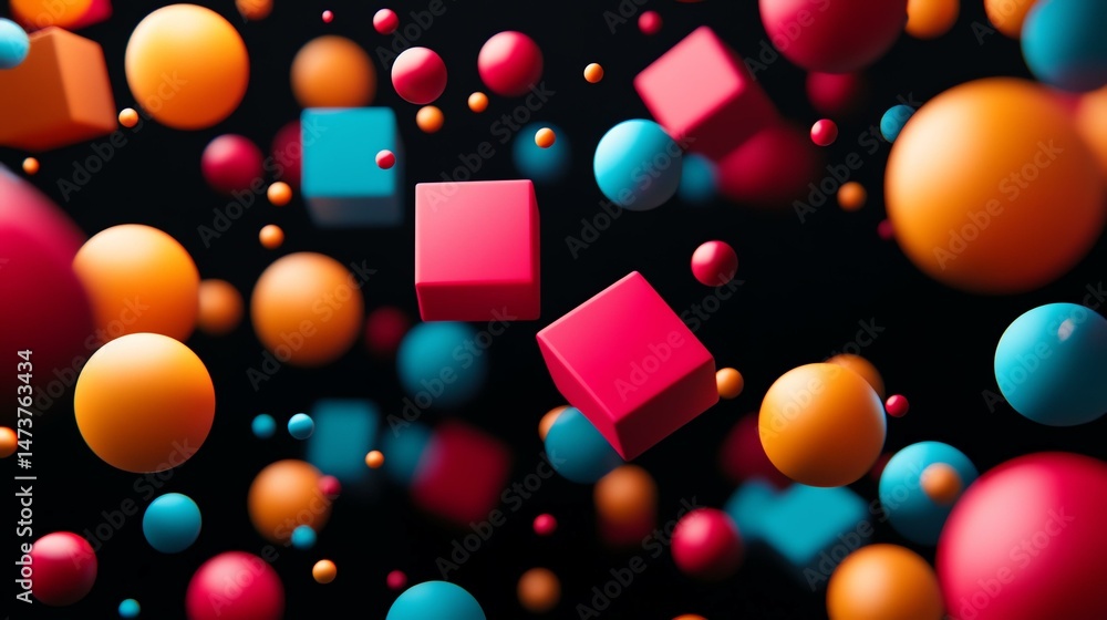 Poster colorful balls float in the air, creating a vibrant and playful scene.