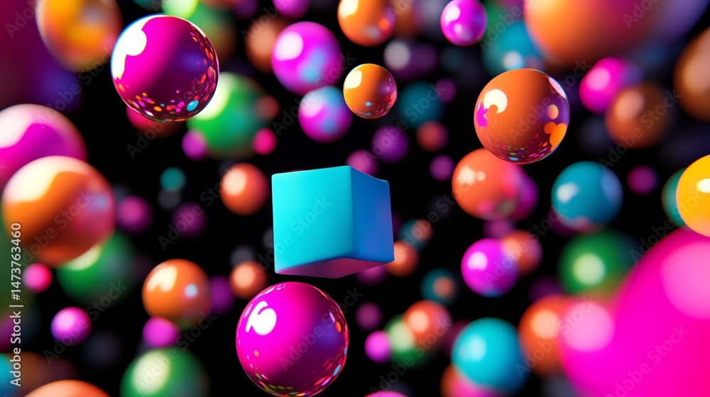 Poster colorful balls float in the air, creating a vibrant and dynamic scene.