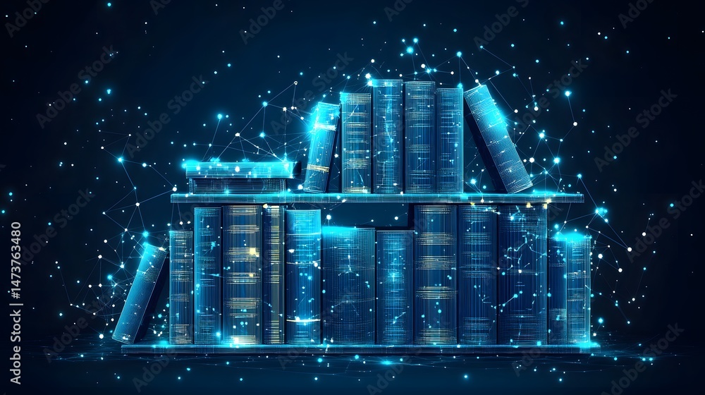 Poster futuristic digital library with glowing wireframe books on shelves against a dark blue backdrop. dat