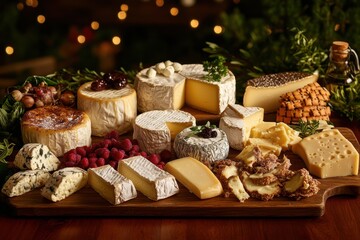 Exquisite cheese selection on a wooden board