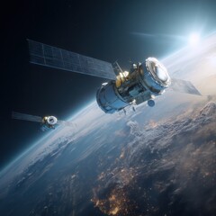 Fototapeta premium AI in space exploration with intelligent satellites collecting data from distant planets and stars.