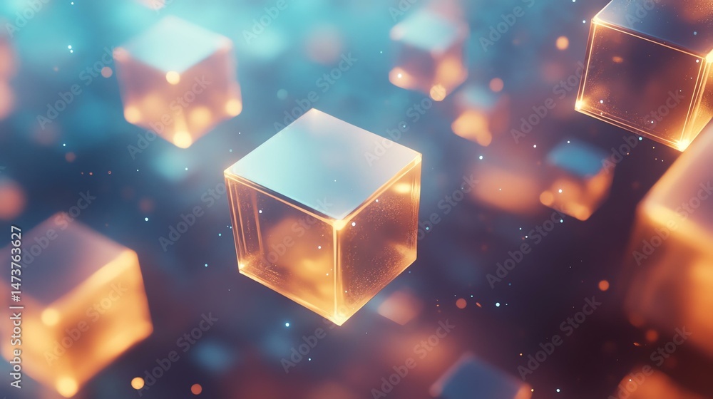 Poster floating cubes create a surreal scene in the air. several cubes are suspended, seemingly without sup