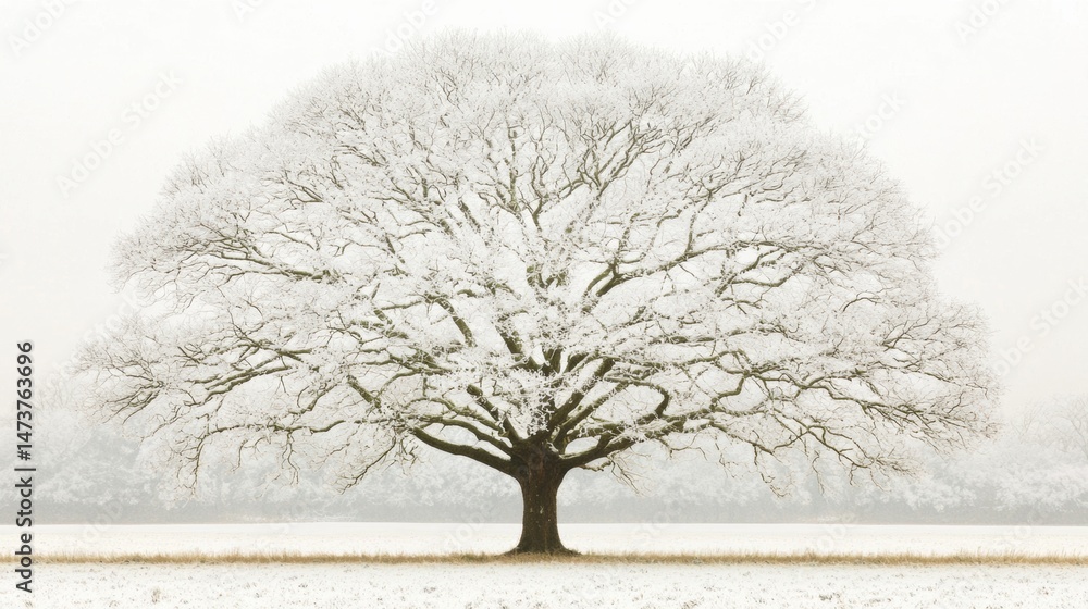 Poster a large tree with snow-covered branches stands in a snowy field.