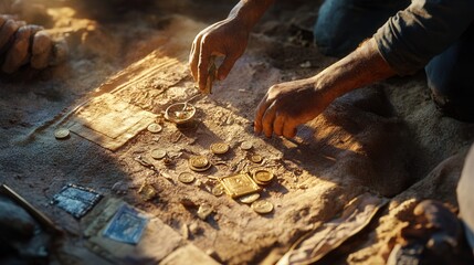 Buried Treasure Discovery: Close-up of Hands Unearthing Ancient Coins and Artifacts in Soil, Exploring Historical Finds.