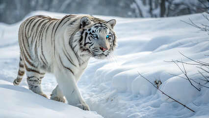 Obraz premium A white tiger lying on a snowy hill with distant blue mountains.