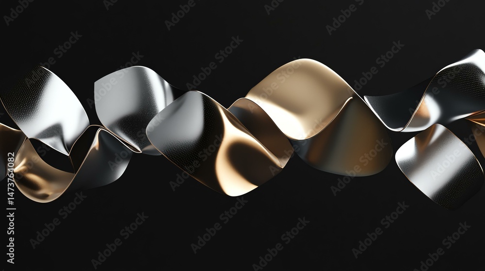 Poster a row of metallic ribbons stretches across a black background. the ribbons create a sleek and linear