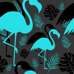 Dark tropical seamless pattern with turquoise flamingos and leaves