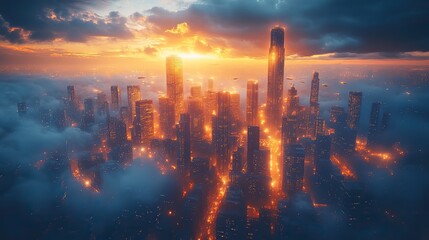 Obraz premium Futuristic cityscape at dawn, towering skyscrapers pierce the clouds, flying vehicles glide between buildings, a network of glowing lights illuminates the urban sprawl