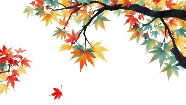 Aquarellillustration von Ahornzweigen mit buntem Herbstlaub in Orange, Gelb und Rot auf wei&szlig;em Hintergrund.