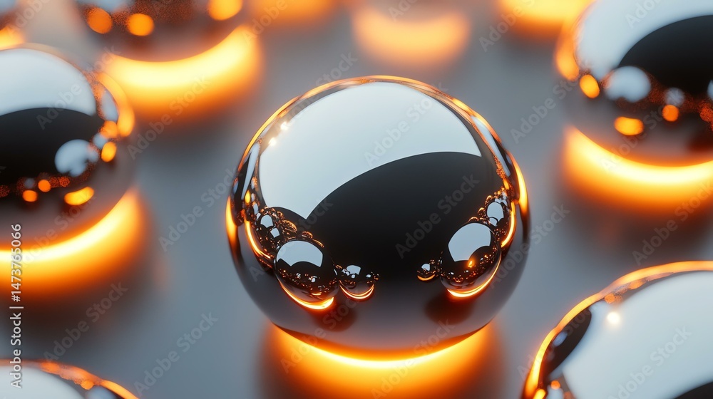 Poster shiny spheres reflect light, creating a visually interesting display. the spheres’ surfaces capture 
