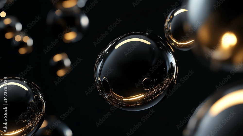 Poster shimmering spheres float suspended in the air. they appear as a collection of reflective or shiny or