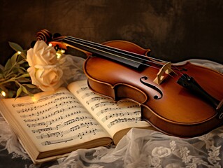 Romantic still life with violin, roses, and sheet music evokes vintage charm