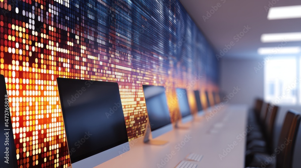 Poster modern office workspace with multiple computers and a vibrant digital wall design in the background