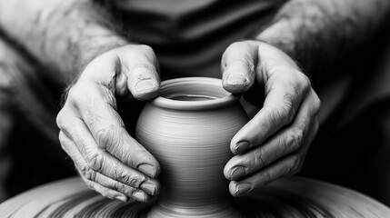 Skilled potter forming ceramic vessel, hands smoothly manipulating wet clay on spinning wheel within rustic workshop setting