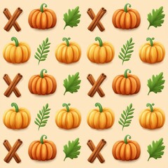 Pixel Art Autumn Pattern Pumpkins, Leaves and Cinnamon Sticks on Beige