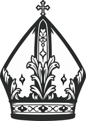 Floral Papal Mitre Vector Illustration in Black and White – Decorative Catholic Bishop Hat with Cross and Ornamental Line Art