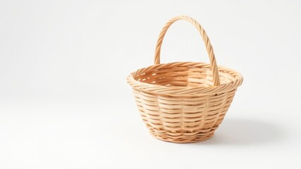 Obraz premium Empty light brown wicker basket with a single handle on a white background