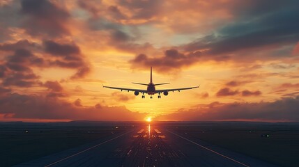 A plane flies over a runway bathed in the warm light of a sunset. The scene captures a dramatic moment of flight against a colorful sky.