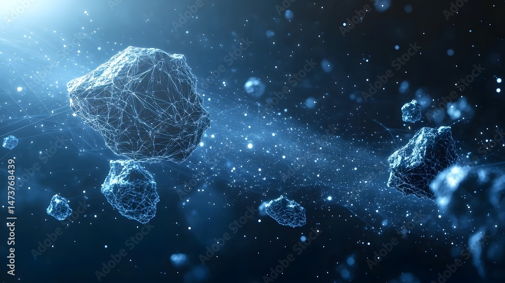 Poster Deep space abstract featuring blue-hued asteroids. Bright blue lines create a wireframe effect against the dark backdrop. Stars enhance depth. Abstract wireframe in dark blue.