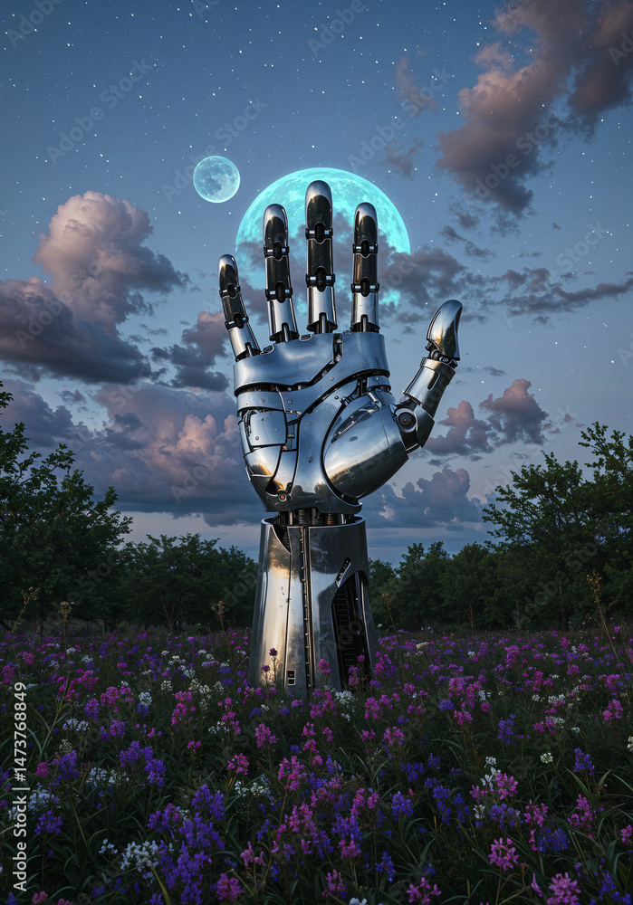 Poster giant mechanical hand on surface of unknown planet . generative ai