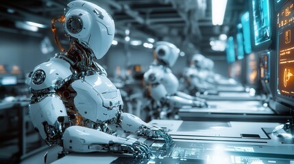 Fototapeta premium Futuristic Robotic Arm Assembling Circuit Board in Advanced Manufacturing Facility, High-Tech Industry Automation and Precision Engineering Concept.