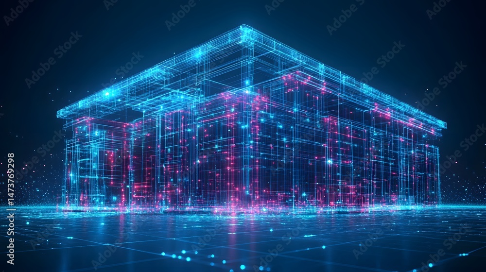 Leinwandbilder futuristic wireframe of a building rendered with striking blue and pink lights, creating depth and a