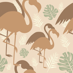 Neutral flamingo seamless pattern with tropical leaves in beige and brown