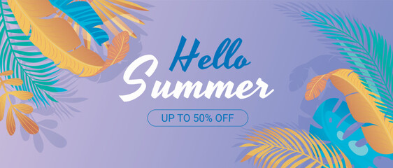 Summer horizontal sale banner. Shopping promotion poster template with colourful tropical palm leaflets, lush monstera leaves, abstract exotic jungle foliage, botanical frames. Vector illustration.