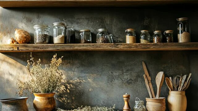 A rustic wooden shelf with vintage kitchen tools and dried herbs, soft light highlighting the textures.
