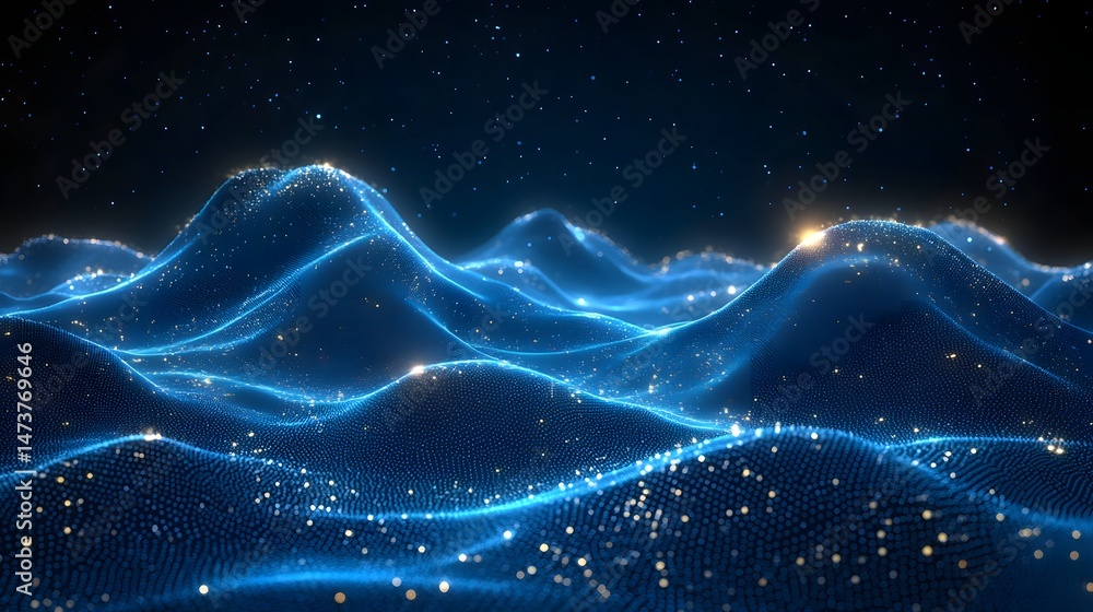 Aufkleber futuristic blue landscape with shimmering dots and golden highlights against a starry sky. a digital