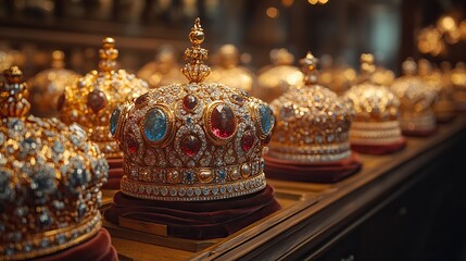 Obraz premium Golden crowns rest upon the heads of monarchs, symbolizing their authority and power in a formal portrait that conveys regality and leadership