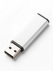 Silver USB flash drive with black accents, featuring a standard rectangular connector—Minimalist Tech Concept