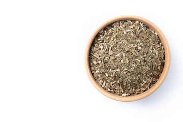 Yerba Mate in Wooden Bowl isolated on white background. Top view. Copy space