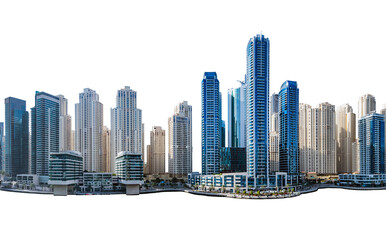 Modern business city skyline of urban downtown skyscrapers, isolated on transparent white