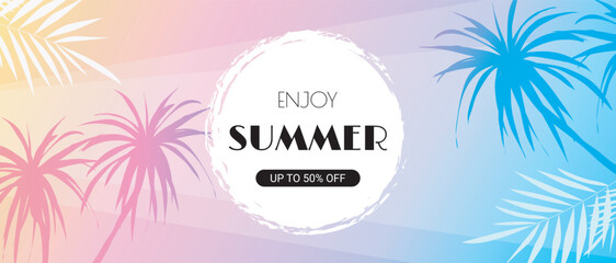 Summer horizontal sale banner. Shopping promotion poster template with retro tropical palm tree silhouettes, pink and blue gradient colours, abstract beach vacation decoration. Vector illustration.