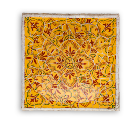 Historic mosaic tile art in Barcelona, Spain isolated on transparent white png