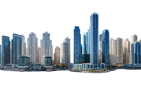 Modern business city skyline of urban downtown skyscrapers, isolated on transparent white