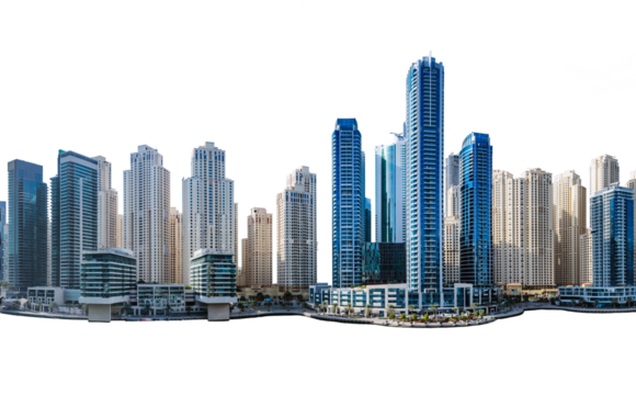 Modern business city skyline of urban downtown skyscrapers, isolated on transparent white