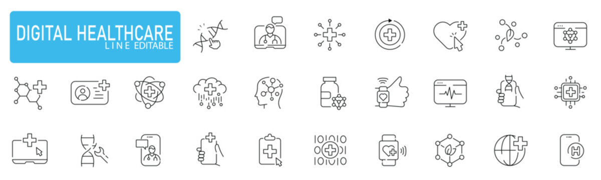 Digital healthcare line icons set includes medical technology, telemedicine, health monitoring, and online consultation symbols, perfect for modern healthcare concepts