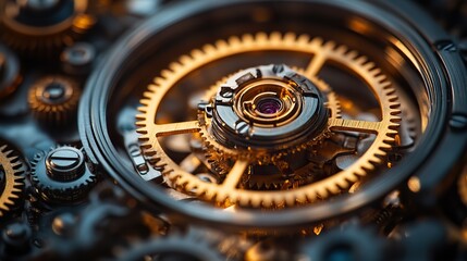 Golden gears interlock within the intricate mechanism of an old clock, their precise movements marking the relentless passage of time, a symbol of order and precision