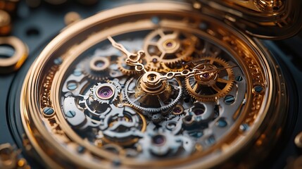 Golden gears mesh perfectly within the intricate workings of an antique pocket watch, a testament to the precision and craftsmanship of a bygone era