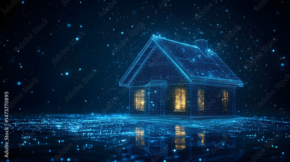 Aufkleber futuristic home depicted in a vibrant blue wireframe, radiating warmth from within. a modern dwellin