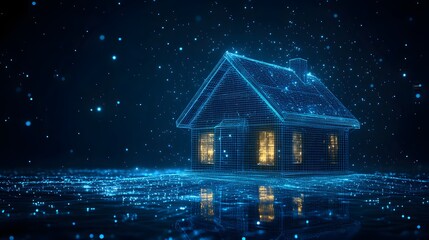 Futuristic home depicted in a vibrant blue wireframe, radiating warmth from within. A modern dwelling concept presented on a digital grid network. Abstract wireframe in dark blue.